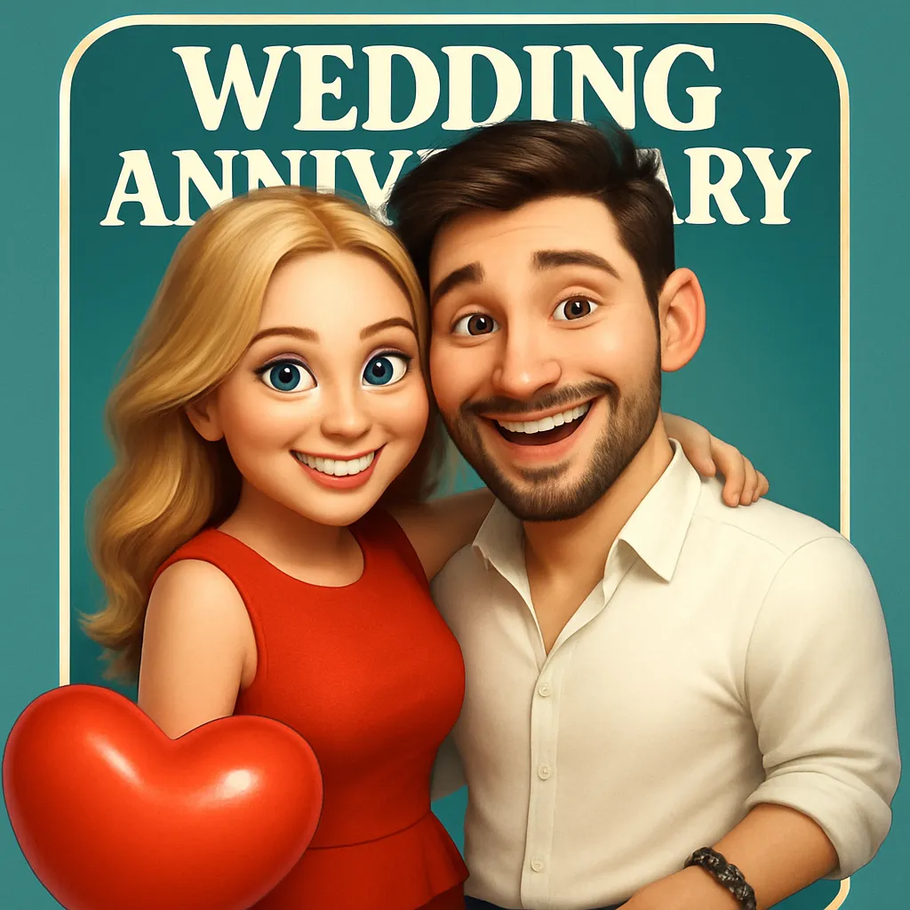 A smiling cartoon couple in Pixar character generated by Xole AI Pixar Generator, a blonde woman in a red dress and a man with a beard, celebrating their wedding anniversary.