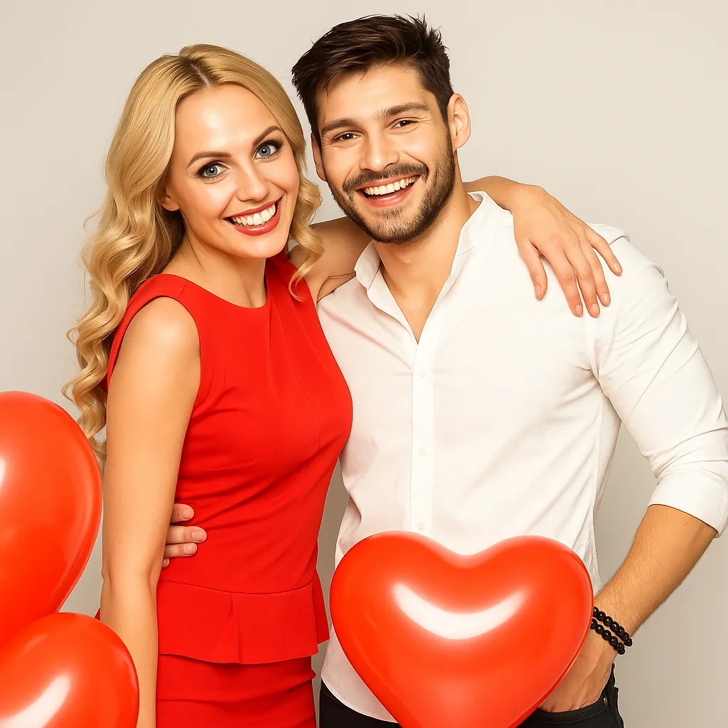 A smiling couple, which is a blonde woman in a red dress and a man with a beard, celebrating their wedding anniversary.