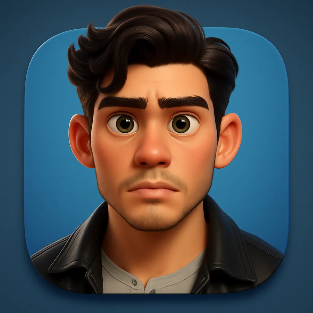 A close-up of a Pixar character generated by the Xole AI Pixar Generator, featuring dark hair, prominent eyebrows, and a serious expression.
