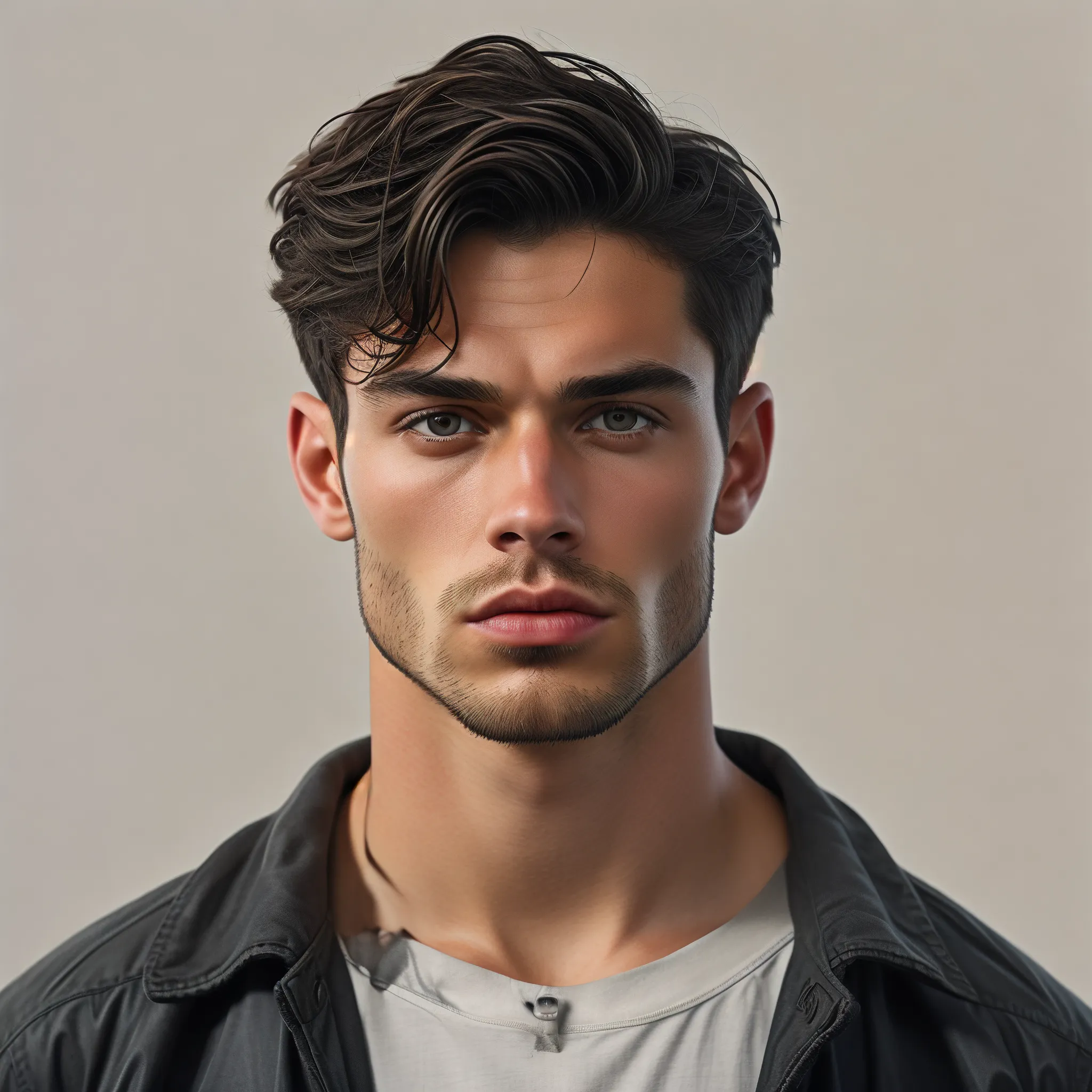 A close-up man featuring dark hair, prominent eyebrows, and a serious expression.