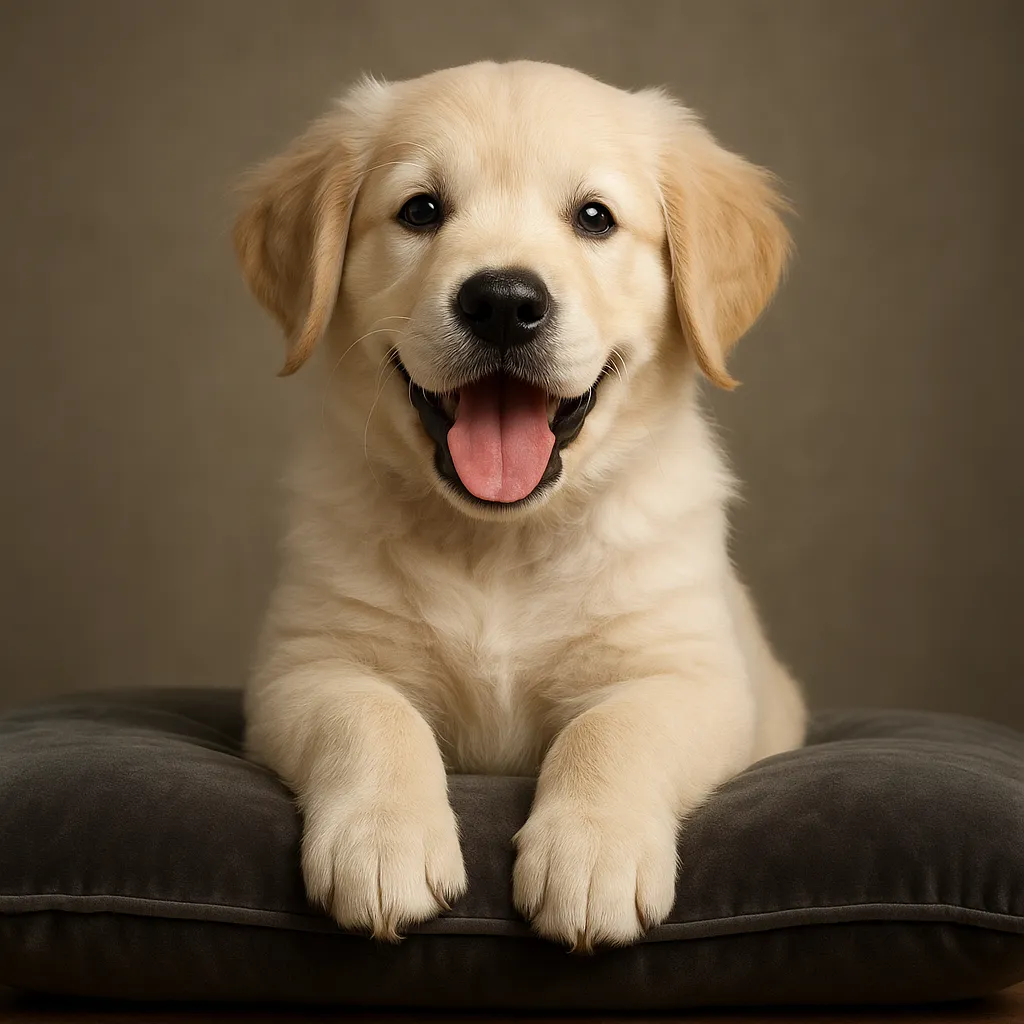 ai pet portrait of a golden retriever puppy smiling
