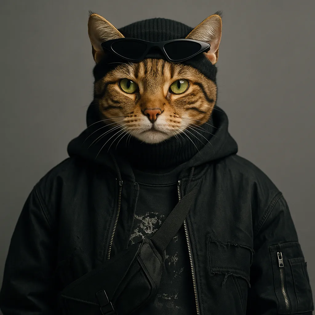 Stylish cat in leather jacket, featuring AI pet photo.