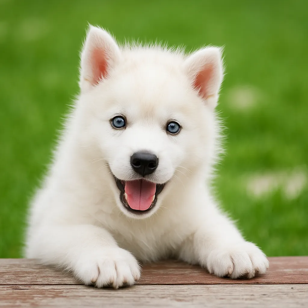 Cute white puppy posing outdoors