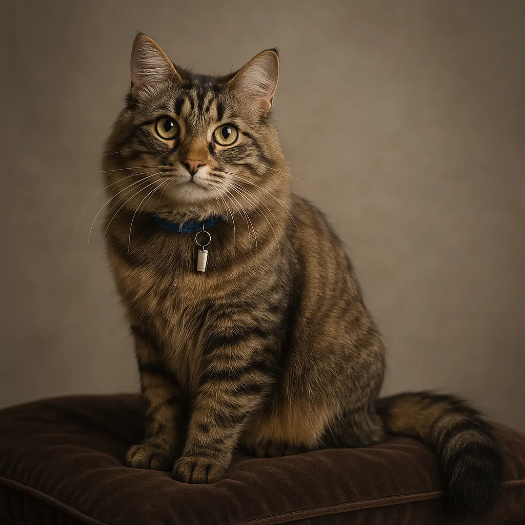 Regal tabby cat sitting elegantly, captured in AI pet photo style.